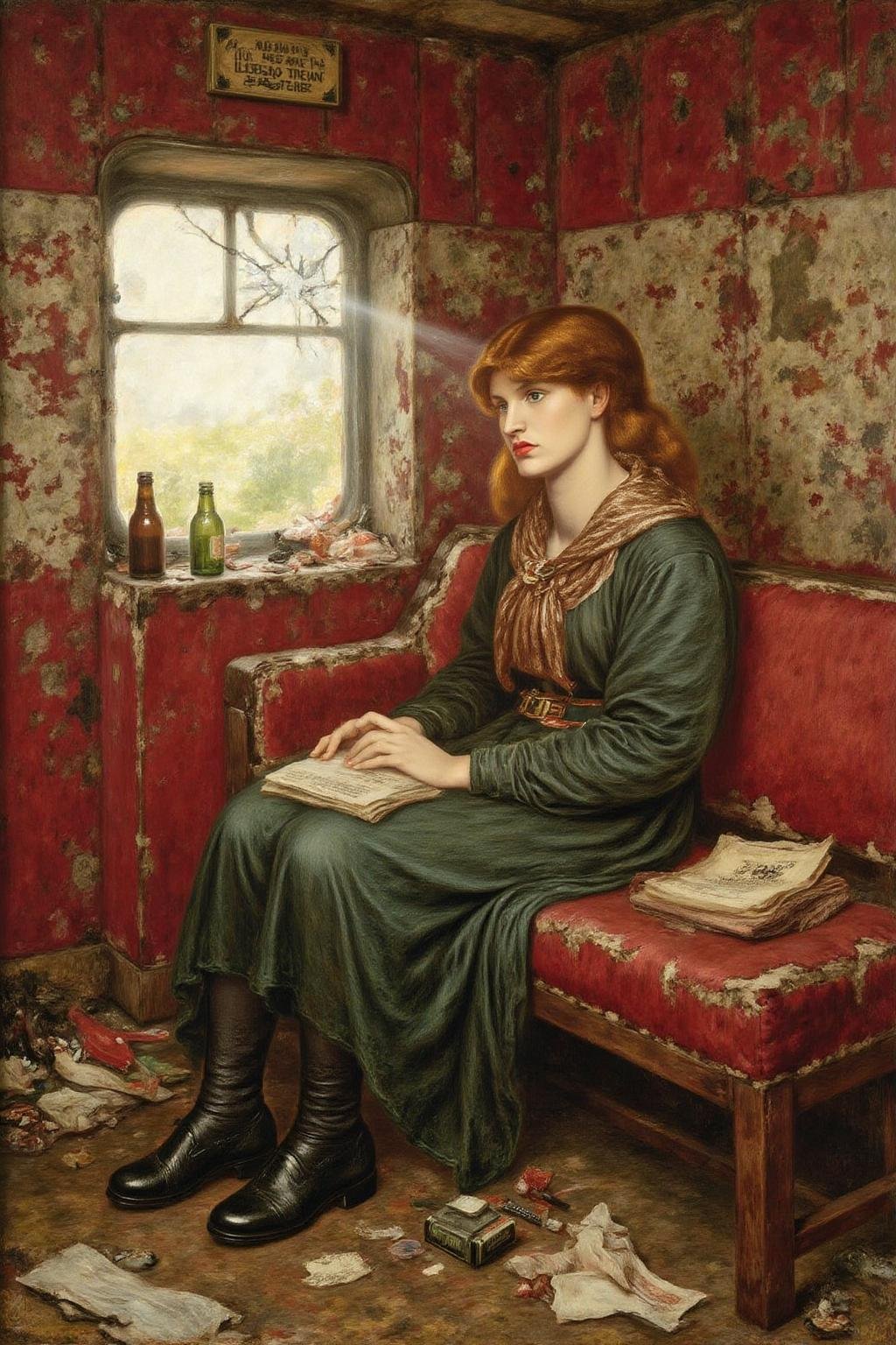 dgr painting. A scene from 18th Century Victorian era.a girl sitting in a dilapidated Victorian era train car. The train's...