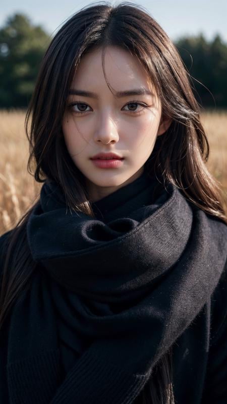 8k, best quality, masterpiece, realistic, ultra detail, photo realistic, Increase quality, a photo of a girl standing in a field with a scarf, in the style of dark and brooding designer, voluminous mass, photobash, serene faces, jagged edges, navy, natural beauty, close-up shot<lora:koreanDollLikeness_v15:0.3>, <lora:more_details:0.3>,