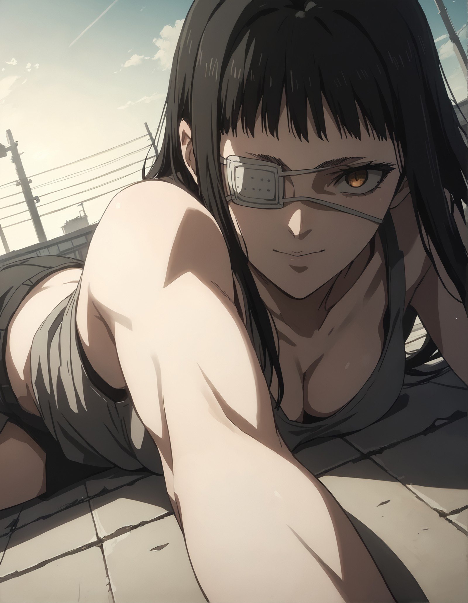 score_9, score_8_up, score_7_up,score_6_up,high resolution,source_anime,s0fiavalm3t,1girl,eyepatch,black hair,long hair,,on a rooftop,volumetric lighting,rim lighting,dof,dramatic shadow,close-up,dynamic pose,looking at viewer,pov,laying down