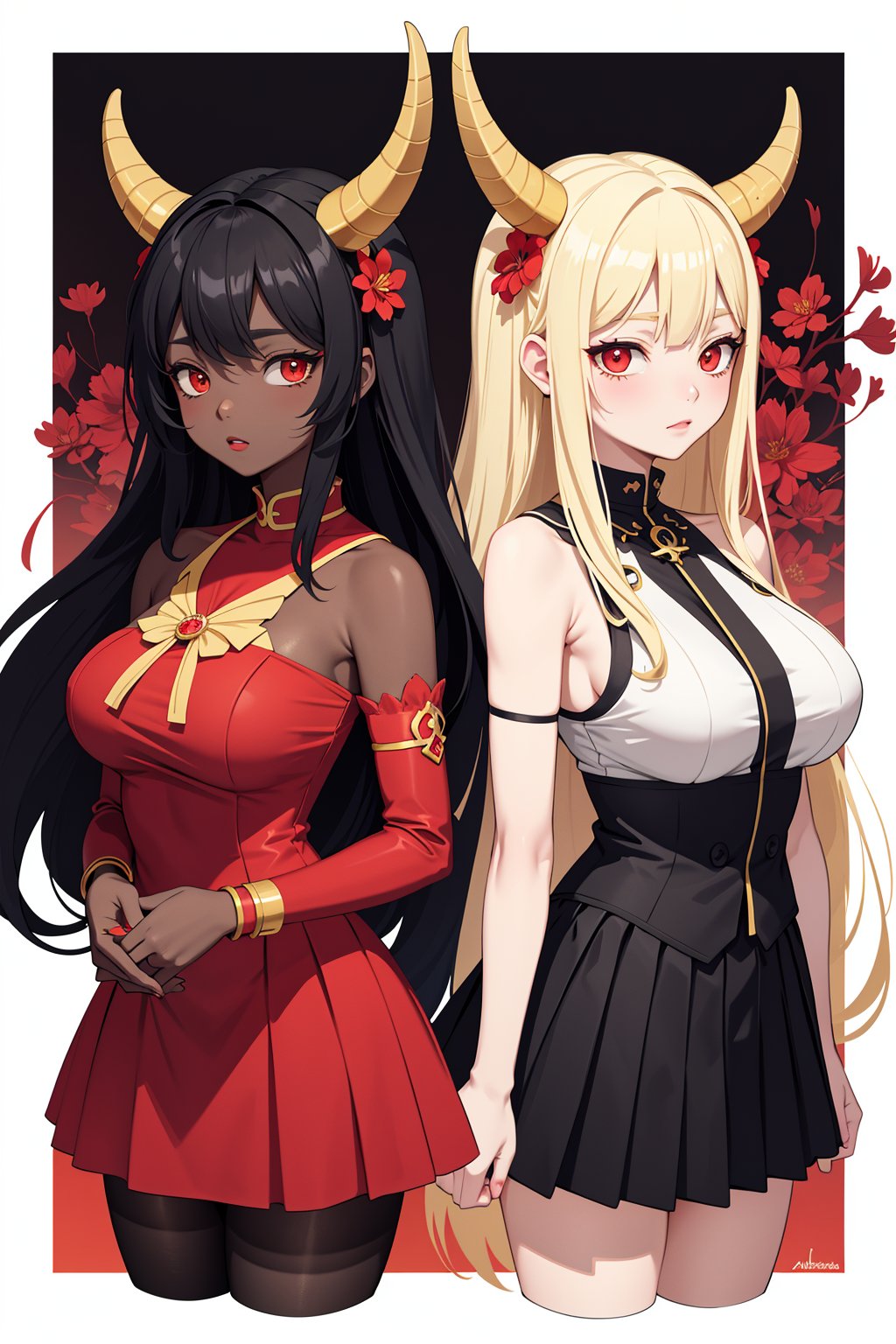 masterpiece,best quality,flat color,limited palette,low contrast,2females,mature female,serafuku,long straight yellow hair,lycoris flower,goat skull,(red, black),(dark skin),red eyes,large breasts,gold jewelry,