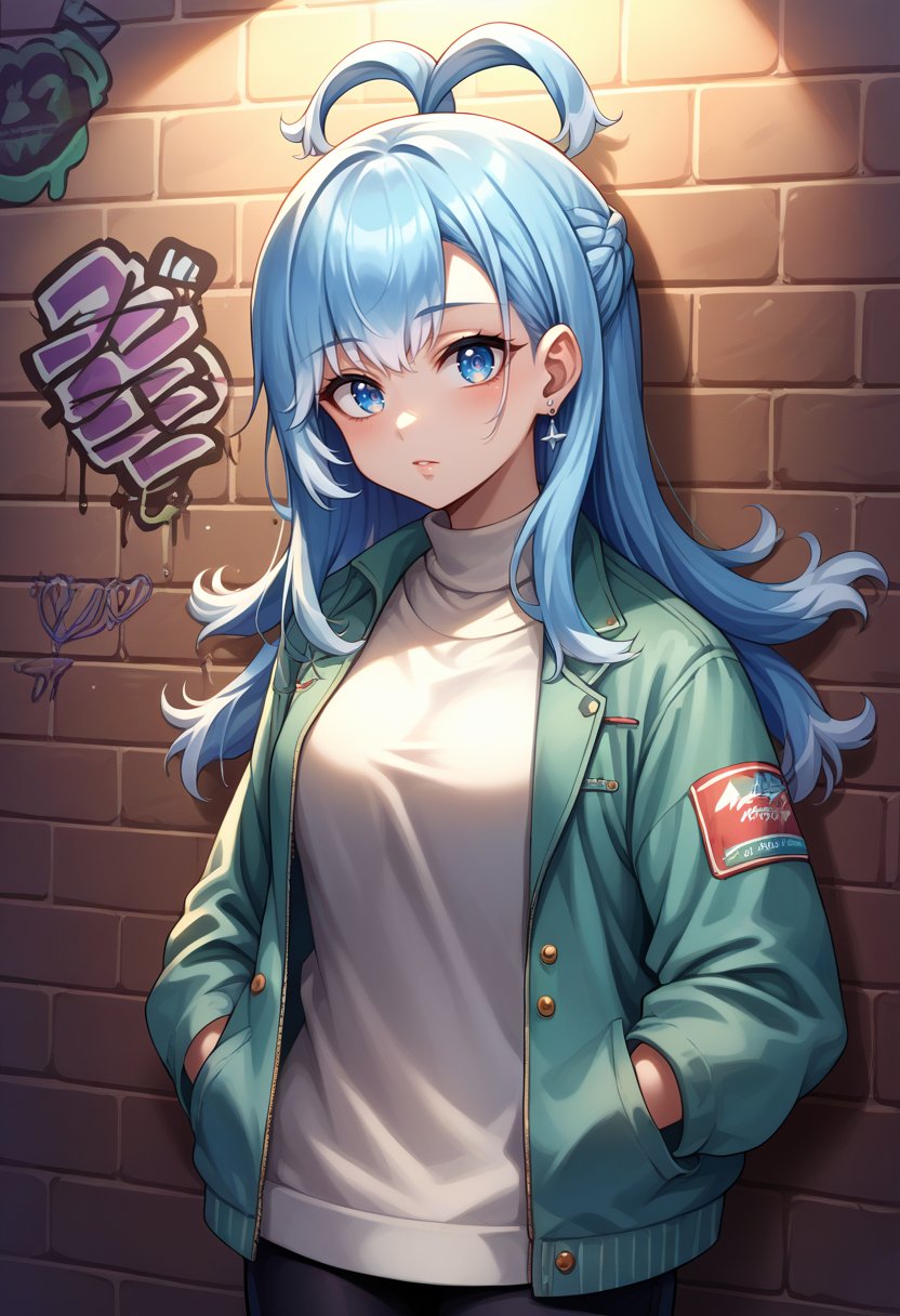 score_9, score_8_up, source_anime, 1girl, solo, KoboKanaeru, blue eyes, long hair, blue hair, colored tips, white hair, earrings, sharp eyes, choker, neon shirt, open jacket, turtleneck sweater, night, against wall, brick wall, graffiti, dim lighting, alley, looking at viewer, <lora:Char-KoboKanaeruPonyXL:1>