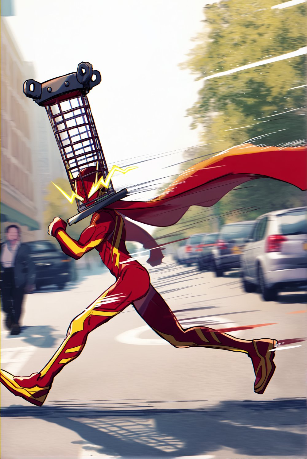 @yutarotaro28. A side-view illustration captures a lean,  athletic superhero sprinting at incredible speed down a sunlit c...