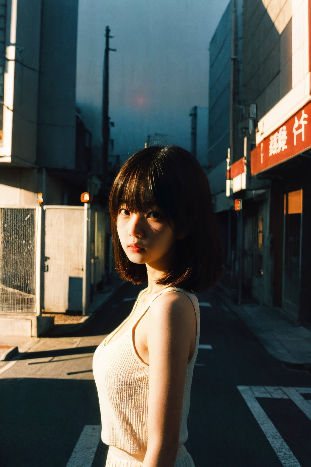 upper body,portrait,(aki:1.1),1girl,japaness,shadow,light,normal quality,<lora:shimmerfilm-09:0.65>,sunset,street,shimmerfilm,cleavage,