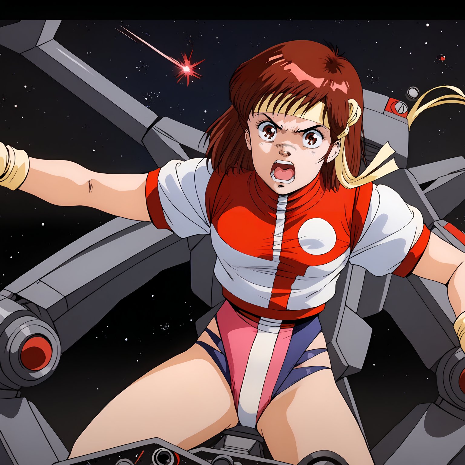 <lora:norikotakayaXLpony002>,open mouth,shouting,solo,norikotakaya,1girl,medium hair,brown hair,brown eyes,headband,short sleeves,leotard under clothes,cockpit,space,gloves,robot,machinery,science fiction,mecha,starry sky,fighting_stance,