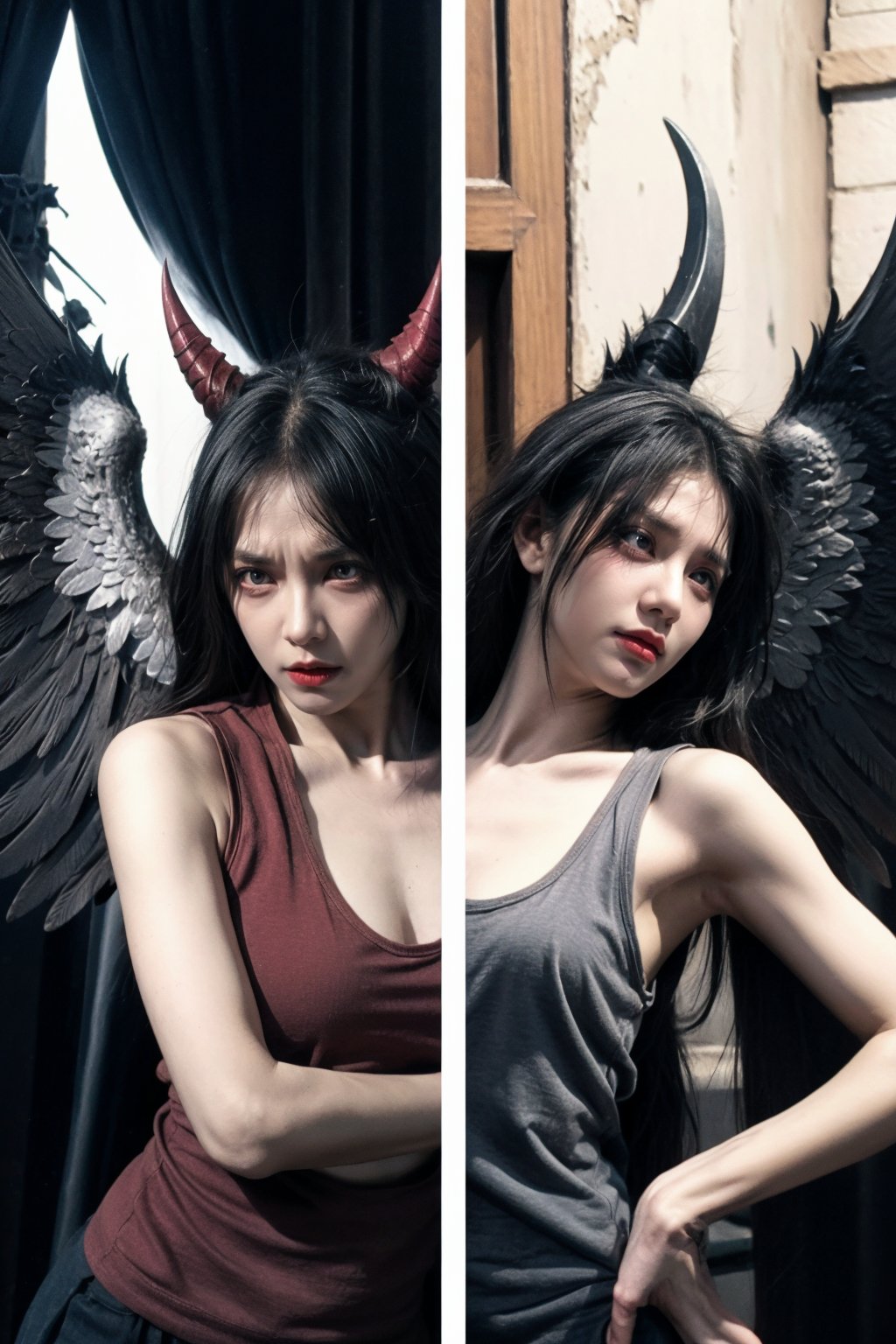 The Battle Between God and Satan,Deities,archangel,Angels and Satan Diabolical,Lucifer. high quality,detailed features,angry expression,furious,irritated,annoyed,tank top,