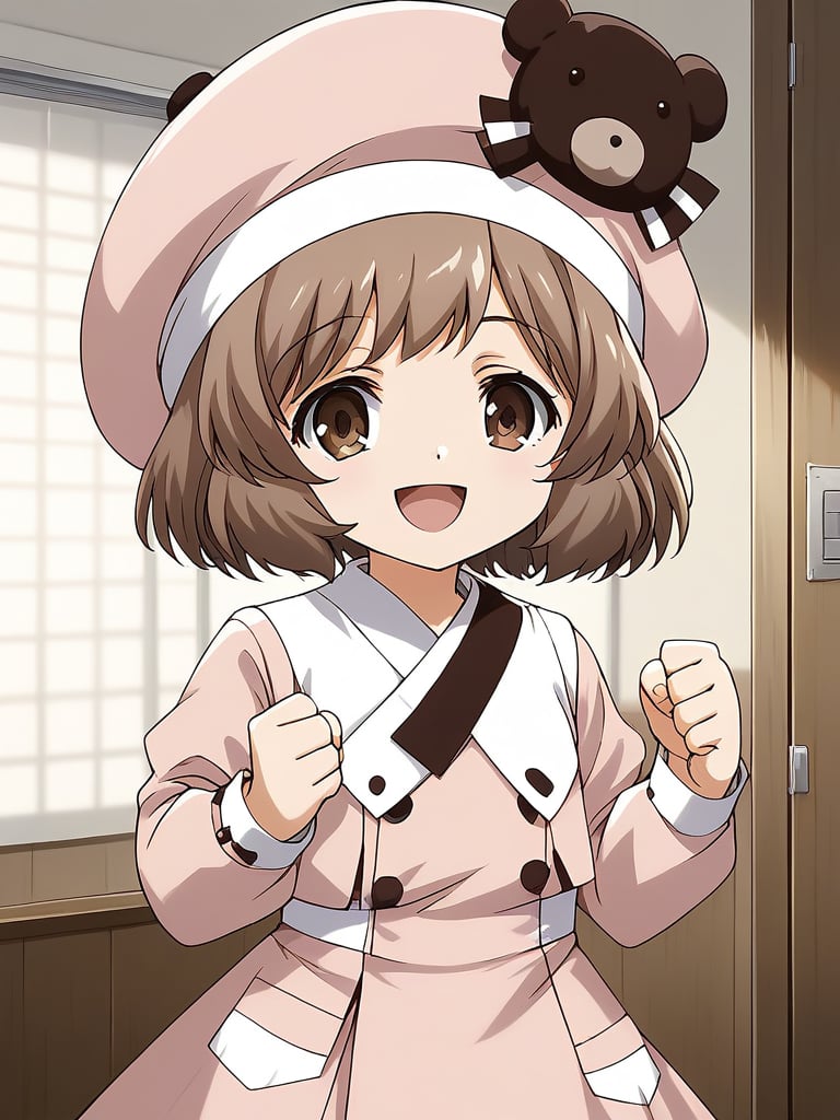 score_9, score_8_up, score_7_up, source_anime, rating_explicit, BREAK  <lora:Amatsuka_Sakura_Ver2.0_XL:1> AmatsukaSakura, brown hair, short hair, brown eyes, bangs, hat, chibi, smile,1girl, solo, smile, open mouth, looking at viewer, :d, clenched hands, indoors,  upper body, long sleeve, light pink dress,room, flooring,