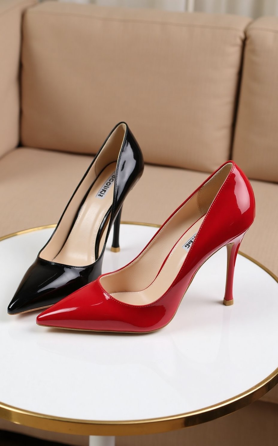High Heel,  Photograph of two high-heeled shoes placed on a round,  white table with a gold rim. The left shoe is glossy b...