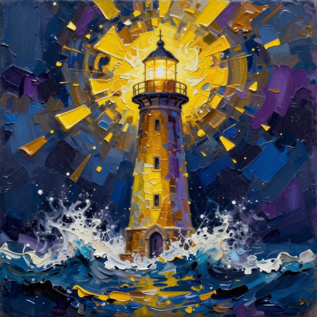 A bold acrylic impasto painting of a solitary lighthouse standing defiant against a churning midnight-blue ocean storm,  i...
