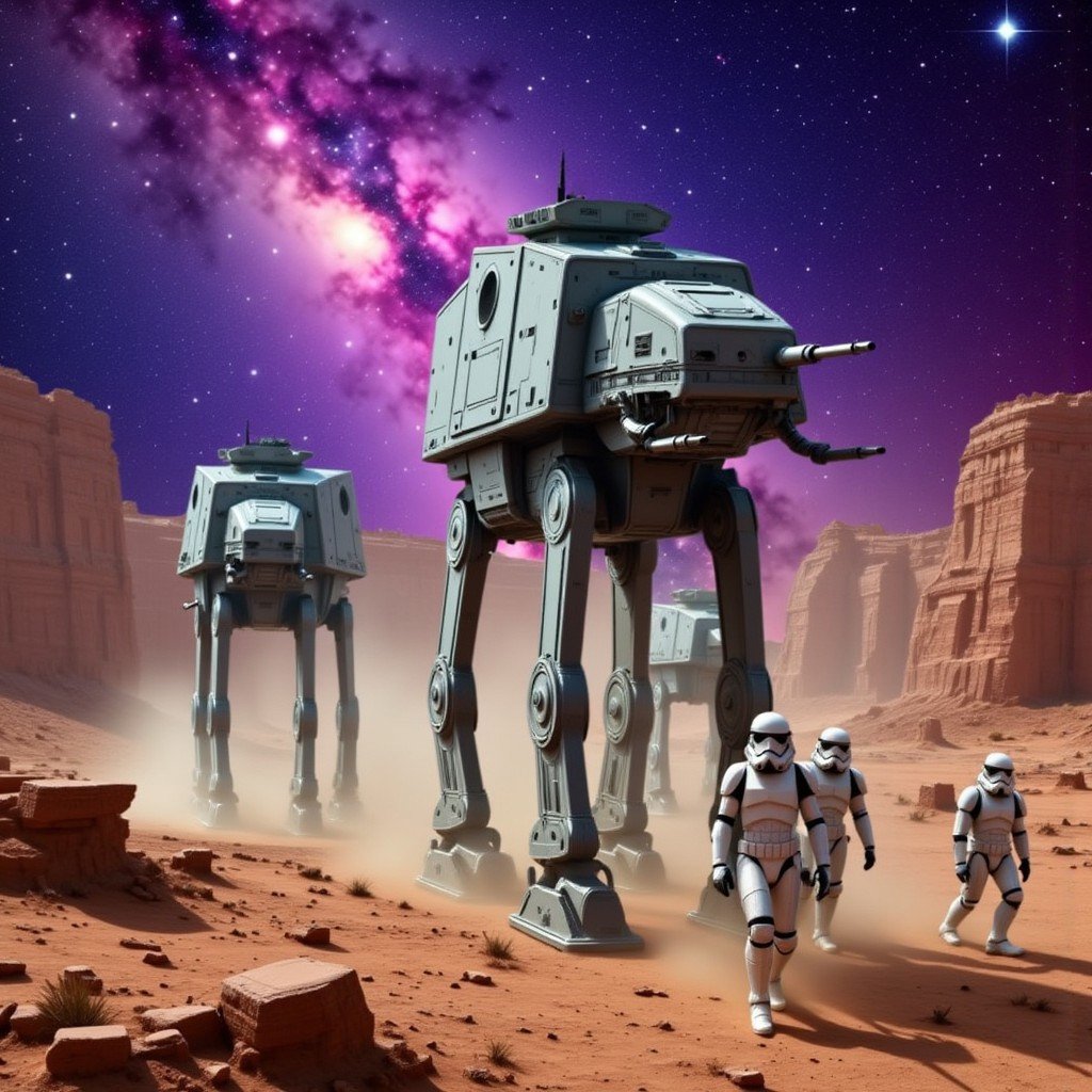 mlkwglx,  galaxy, stars,  This is a digital artwork depicting a futuristic, sci-fi scene set on a barren, rocky planet with a dusty, sandy surface. The image features several AT-AT walkers, large, bipedal vehicles with four legs and a cockpit, from the "Star Wars" franchise. These walkers are in motion, creating a sense of movement and scale. The AT-ATs are predominantly grey and metallic, with visible details such as treads, joints, and weaponry. In the background, the sky is a vivid, swirling mix of purples, blues, and pinks, resembling a nebula or a starry night sky, filled with countless stars and bright, glowing points of light. The planet's surface is rocky and rugged, with large, jagged formations in shades of brown and grey. The foreground is filled with smaller, humanoid figures in white and grey Stormtrooper armor, walking in the direction of the AT-ATs, adding to the sense of action and urgency. The overall color palette is dominated by cool tones, with the AT-ATs standing out against the dark, starry background. The texture of the AT-ATs is smooth and metallic, contrasting with the rough, rocky terrain. The entire scene is rich in detail and depth, capturing