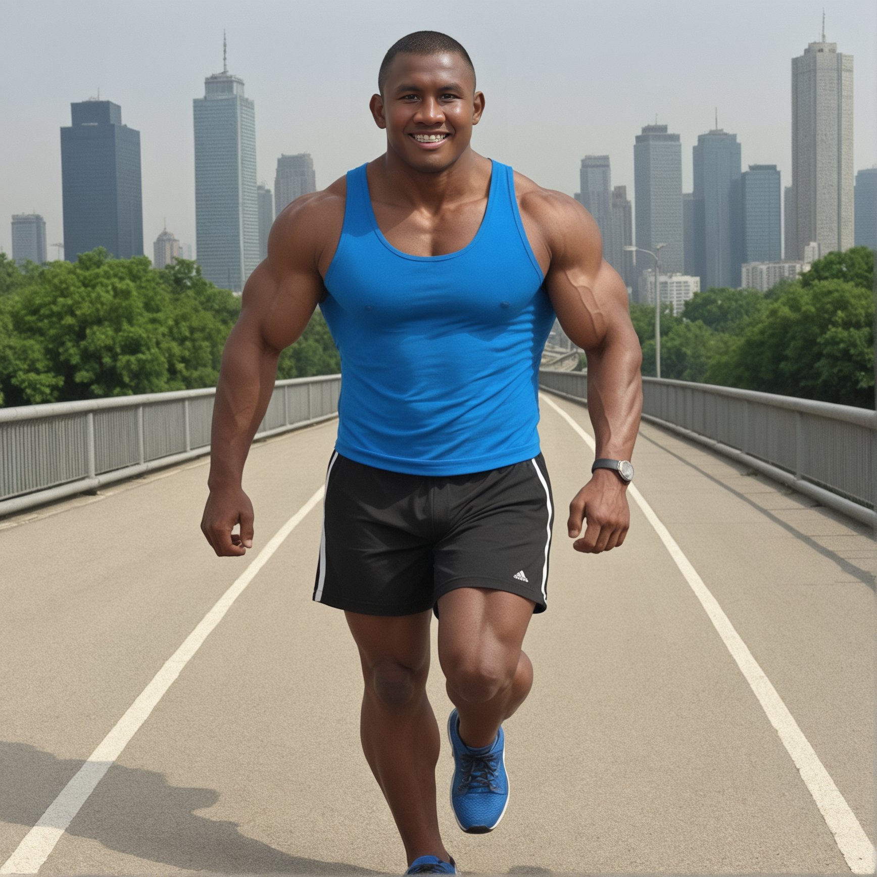 buakaw, dark skin male, mature male, jogging on the bridge at night, city skyline, tanktop, black shorts, anatomically correct, detailed eyes, detailed face, deep brown eyes, muscular, bodybuilder, huge pectorals, huge biceps, buzz cut, smile<lora:Buakaw Banchamek H5xl:0.6>