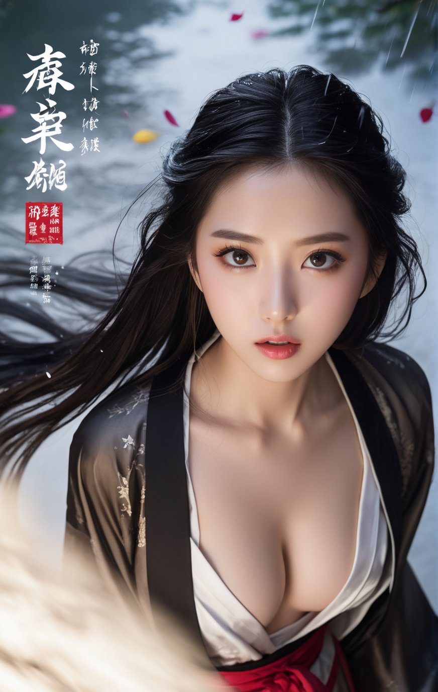 18 y.o beautiful girl and monster,gorgeous hanfu,(surprised look:1.1),(surprised expression:1.1),32k UHD,(eye close-up:1.5),Realistic,(sexy:1.1),(smile:0.5),medium breasts,soft backlight,triangular face,((breeze)), flying splashes, flying petals, wind,(:o:1.3),from_above,Realistic,Masterpiece,extremely delicate facial depiction,heavy rain,crazy body movements,exaggerated perspective,poster,androgyny,fashion,dramatic lighting,strong tones,distortion style,black forest,ink wash painting,traditional chinese text,cleavage,