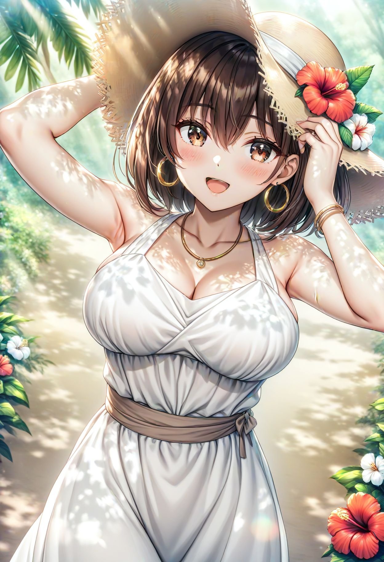 1girl, sleeveless, sun hat, :d, sundress, hat, sash, bare shoulders, white dress, looking at viewer, dress, breasts, brown eyes, hand on headwear, sleeveless dress, brown hair, straw hat, blush, dappled sunlight, smile, hoop earrings, hat flower, armpits, bangle, jewelry, hibiscus, arm up, open mouth, flower, necklace, large breasts, sunlight, outdoors, bracelet, short hair, earrings, day, solo, cleavage, hair between eyes, very aesthetic, sensitive, masterpiece, absurdres,best quality,