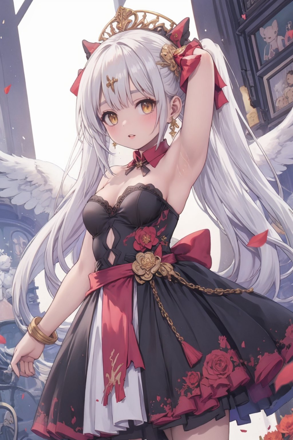 masterpiece,best quality,high quality,(colorful),[[[[Artist wlop:0.1]]]],loli,1girl,solo,dress,black dress,yellow eyes,long hair,looking at viewer,ribbon,armpits,arms up,wings,twintails,parted lips,red ribbon,sleeveless,sleeveless dress,jewelry,white hair,bare shoulders,hair ribbon,demon wings,earrings,very long hair,breasts,petals,small breasts,bare arms,blush,detached collar,sidelocks,on back,