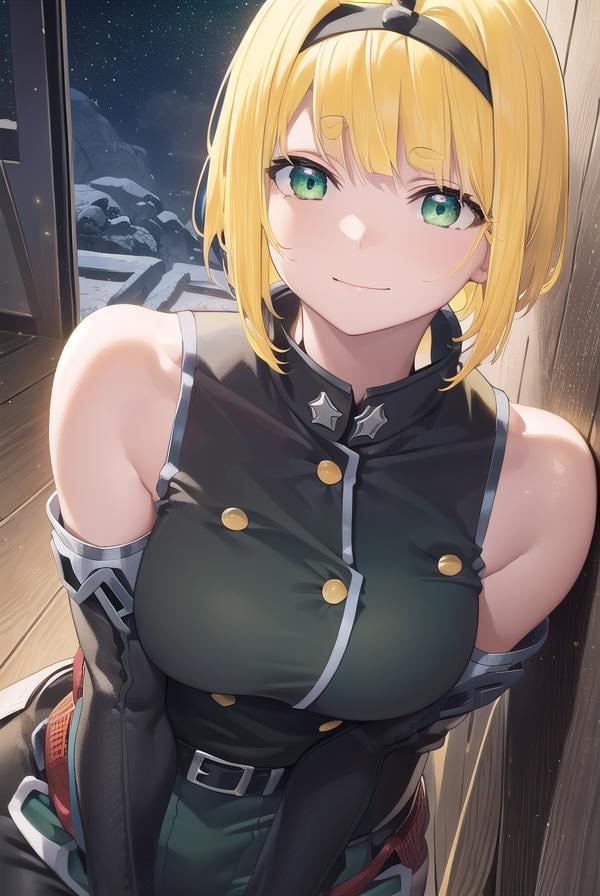 shushusuruga, <lora:shushu suruga manga-lora-nochekaiser:1>,shushu suruga, short hair, bangs, hair ribbon, hairband, blunt bangs, thick eyebrows, (green eyes:1.5), (yellow hair:1.5), smile,BREAK gloves, shorts, elbow gloves, belt, buttons, military uniform, military, (bare shoulders:1.5), (black military uniform:1.7),BREAK outdoors, space, starry sky, star \(sky\), moon,BREAK looking at viewer, (cowboy shot:1.5),BREAK <lyco:GoodHands-beta2:1>, (masterpiece:1.2), best quality, high resolution, unity 8k wallpaper, (illustration:0.8), (beautiful detailed eyes:1.6), extremely detailed face, perfect lighting, extremely detailed CG, (perfect hands, perfect anatomy),