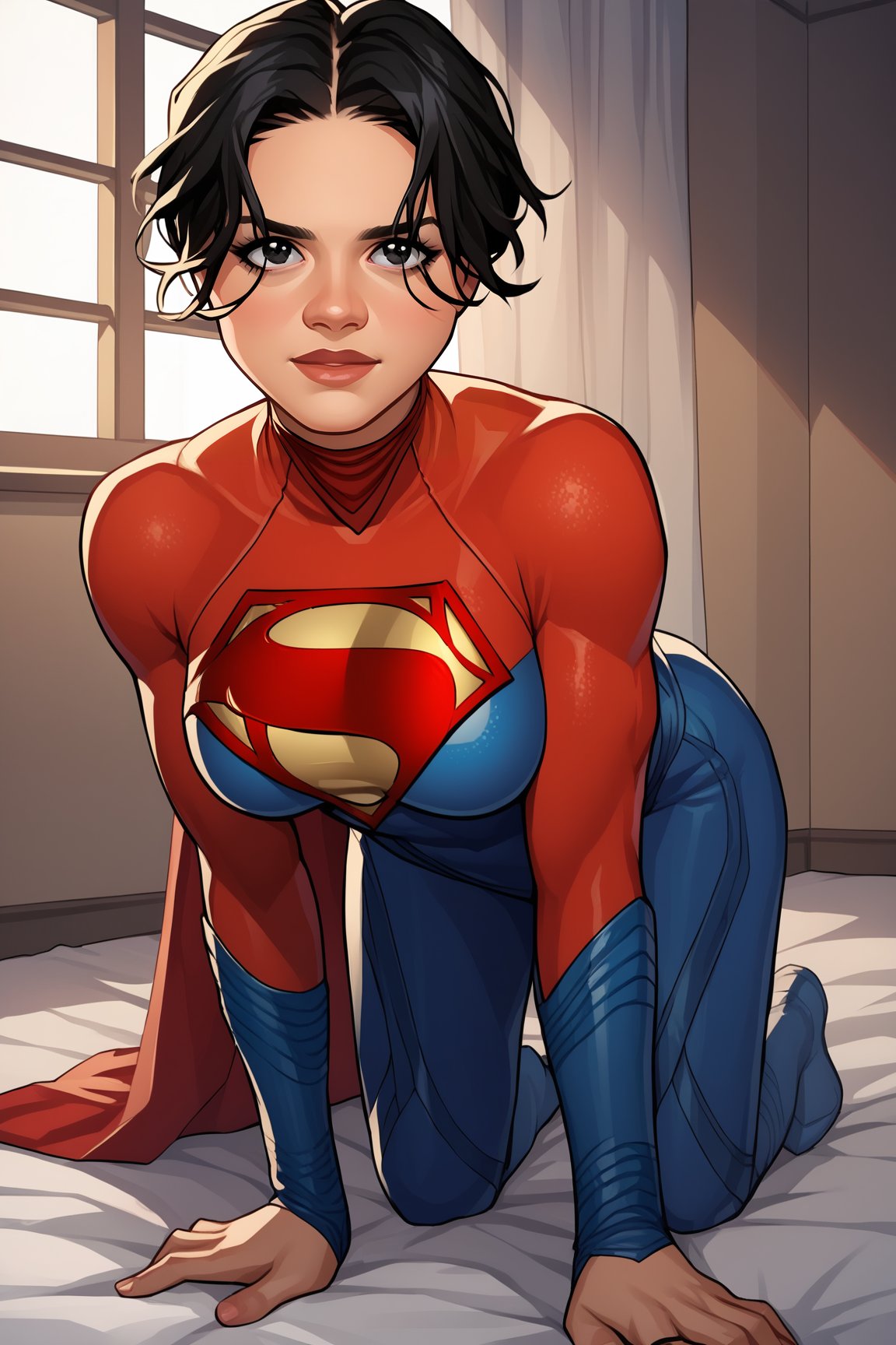 score_9, score_8_up, score_7_up, score_6_up, source_anime, BREAK, SupergirlTFXL, black eyes, black hair, short hair, curtain hair, medium breasts, superhero, red cape, bodysuit, red bodysuit, blue bodysuit, solo, all fours, looking at viewer, indoors <lora:SupergirlTFXL:1>