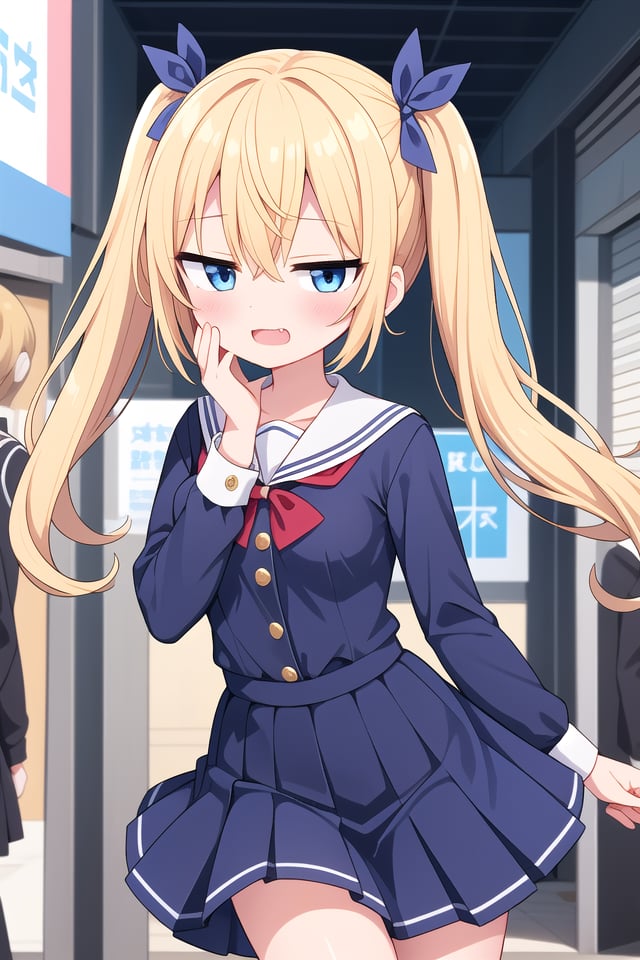 insanely detailed, absurdres, ultra-highres, ultra-detailed, best quality,1girl, solo, nice hands, perfect hands,BREAK(wearing sailor school uniform, dark blue pleated skirt, white shirt),(;3, smug, open mouth:1.3), fangsBREAKstanding, hand on own face, 45 angle,from below, cowboy shot, looking at viewer, tilt headBREAKslender, kawaii, perfect symmetrical face, ultra cute girl, ultra cute face, ultra detailed eyes, ultra detailed hair, ultra cute, ultra beautifulBREAKin harajuku, shibuya, tokyo, street, crowd, cityscape,small breastsBREAK(gold blonde) hair, (short:1.3) twintails, blue eyes, blue hair ribbon, hair between eyes