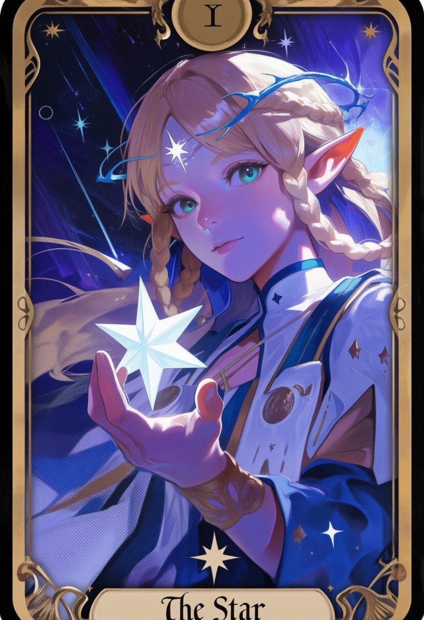 detailed image of tarot card elegant borders artwork,  with text "The Star" at the bottom,  halftone effect by Alex on Ten...