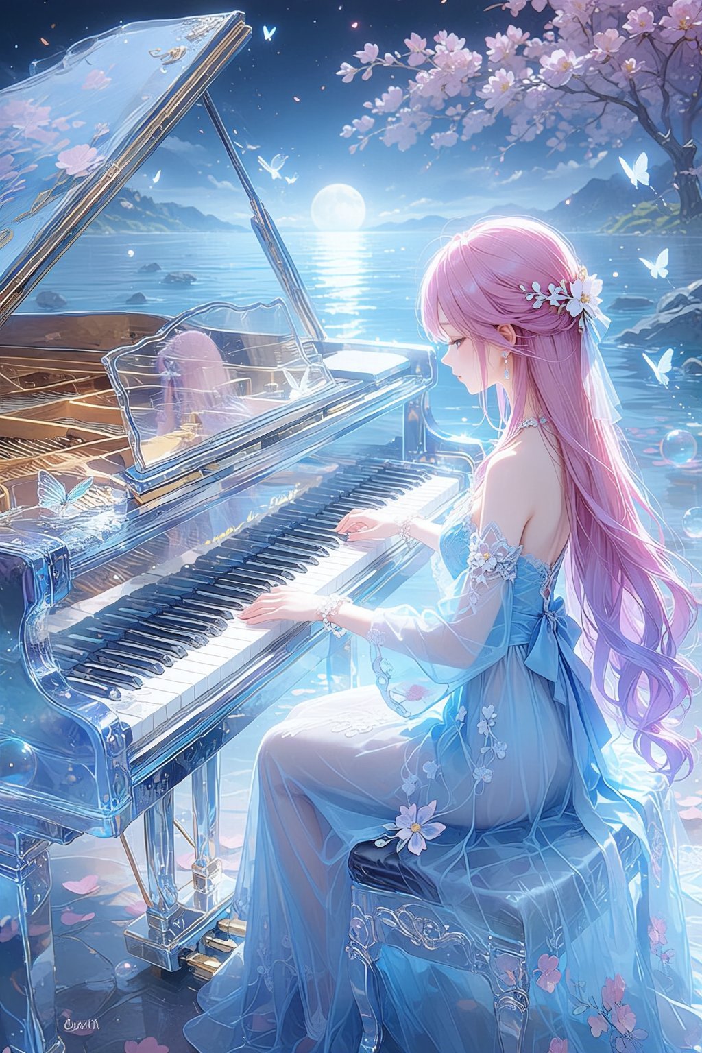 A woman,  with long pink and purple hair,  is seated and playing a grand piano. She wears a flowing by 天TIN on Tensor.Art