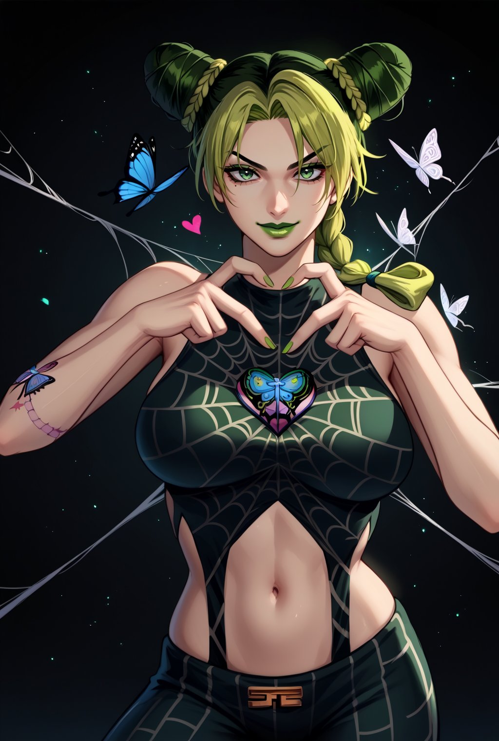 score_9, score_8_up, source_anime  BREAK solo, cowboy shot, looking at viewer,<lora:JolynePdxlDwnsty:1>, kjolyne, green eyes, two-tone hair, green hair, black hair, double bun, braided bun, braided ponytail, green lips, lipstick, make up, green nails, nail polish, tattoo, butterfly, spider web print, midriff, heart fingers, heart hands, <lora:Heart_Fingers__Concept_Lora-000007:1>,large breasts, curvy, smirk, head back, skindentation, abstract background, spider web, spiral, light particles, dust, sunbeam, cinematic lightning, aura, moon,<lora:nai3_check2:0.8>  