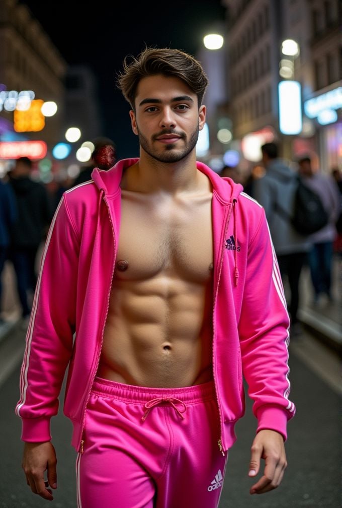 Jules Bouyer ,  realistic photo in a worn ((skin-revealing skimpy erotic pink tracksuit,  massive pecs)) by HottiesnHottie...