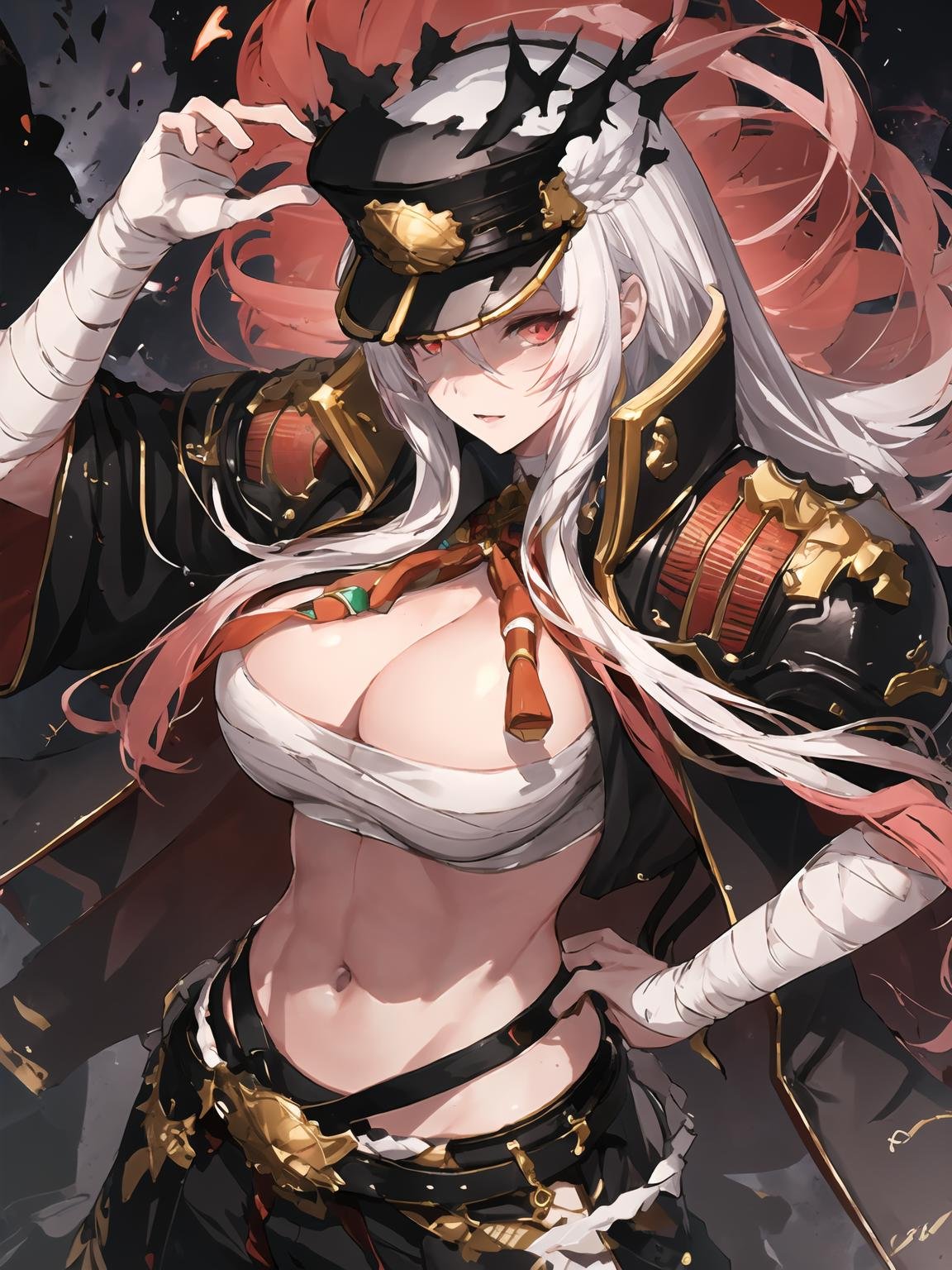 masterpiece,best quality,highres,cinematic lighting,dramatic angle,1girl,white hair,gradient hair,very long hair,red eyes,bandages,bandaged chest,shimenawa,jacket on shoulder,hat,belt,beads,black pants,<lora:ShadowverseGalomV3-000019:0.9:lbw=galom>,from below,one hand adjusting hat,one hand on own hip,smile,portrait,close-up,head up,shaded face,glowing eyes,parted lips,aura