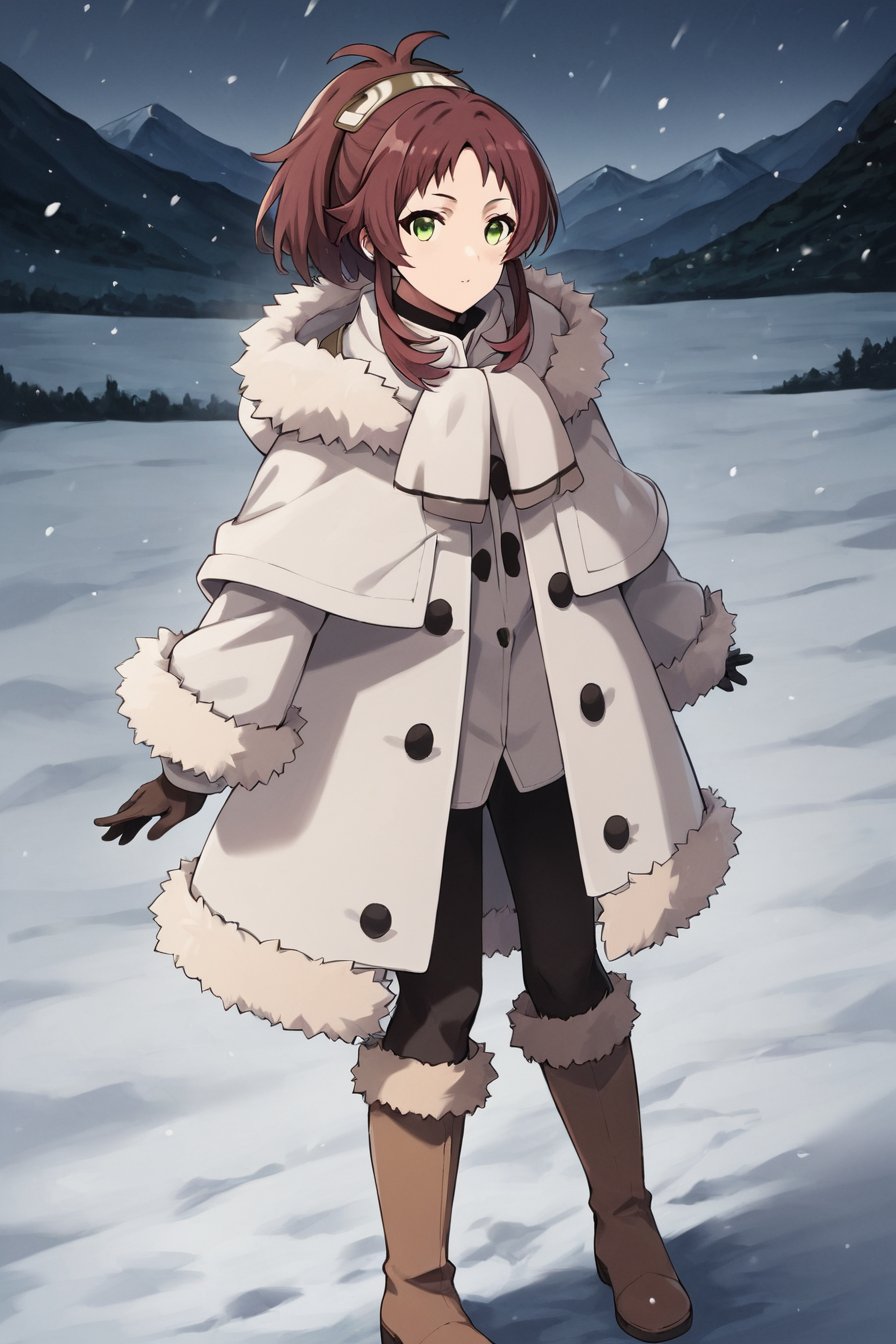 score_9, score_8_up, score_7_up, source_anime,1girl, looking at viewer, outdoors, snowing, mountain road,<lora:aisha_greyrat_anime_s2-soralz:1>, aisha_greyrat, yellow green eyes, brown hair, ponytail, sidelocks, bangs, long hair, coat, fur trim, hood down,white coat, fur-trimmed capelet, brown footwear, fur trim, boots, long sleeves, capelet, gloves,