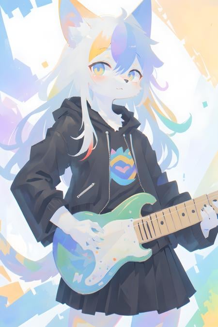 1girl, solo, electric guitar, black jacket, black skirt, anthro cat girl, long white hair, looking at viewer, (colorful background:1.5), (best quality, masterpiece, illustration, ultra-detailed:1.3), (anthro, furry, kemono:1.3)