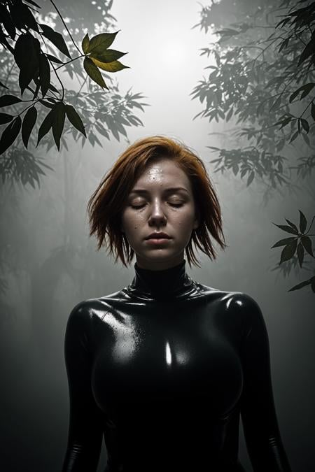 raw photo,yellow spotlight,hyperrealistic,extremely high-resolution details,realism pushed to extreme,fine texture,4k,ultra-detailed,high quality,1girl,from above,parted llips,red hair,closed eyes,partially submerged,underwater,(black sex bodysuit),dynamic pose,(wet surface:0.6),at night,Depth of field,surrounded by leaves,leaves in foreground,jungle,dark theme,frost fog,high contrast,complex background,light and shadow play,<lora:SDXLrender_v2.0:1>,