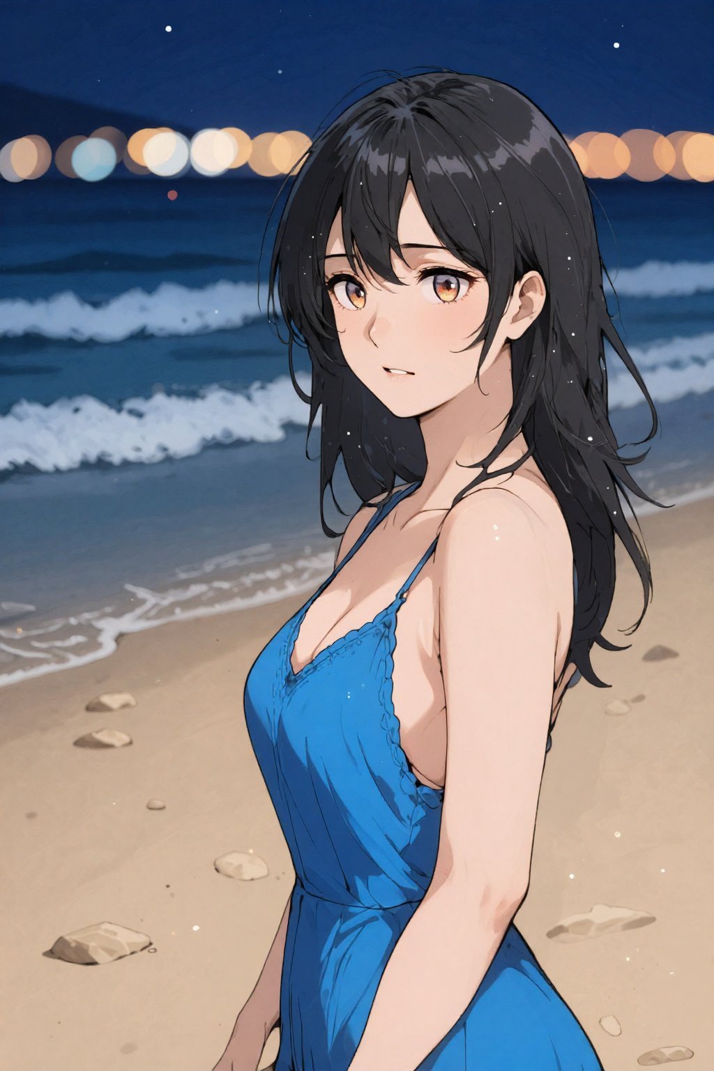 a girl wearing sundress on a beach at night. Looking at viewer,  beautiful detailed eyes,  bokeh by 天TIN on Tensor.Art