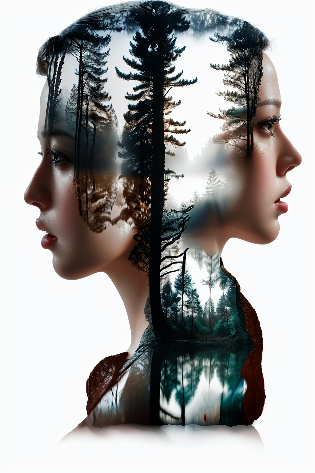 jianying01,tree,realistic,1girl,profile,solo,white background,lips,reflection,nature,simple background,forest,from side,<lora:jinying01-双影:0.8>,