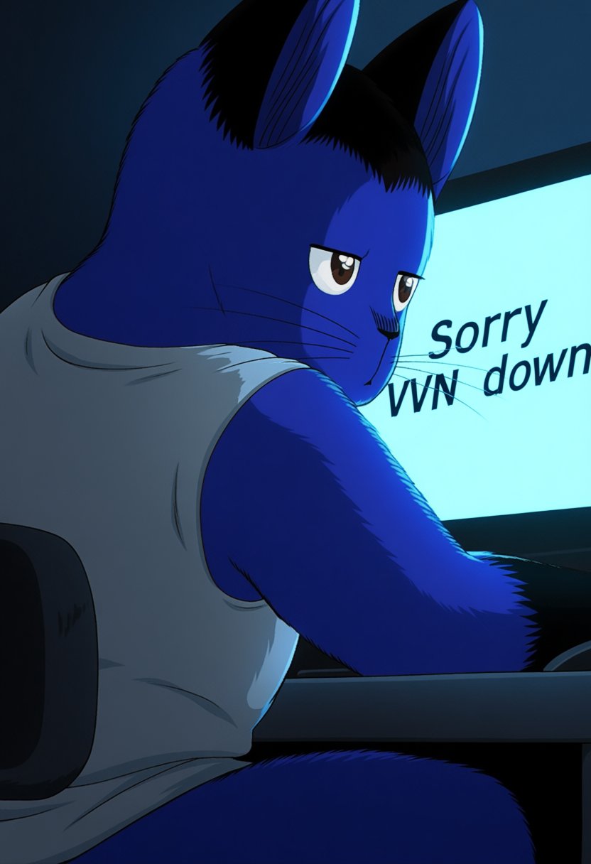 @eviloldglass. A tight,  intimate close-up shot shows GiovanniNGR,  an anthropomorphic cat with smooth deep blue fur and b...