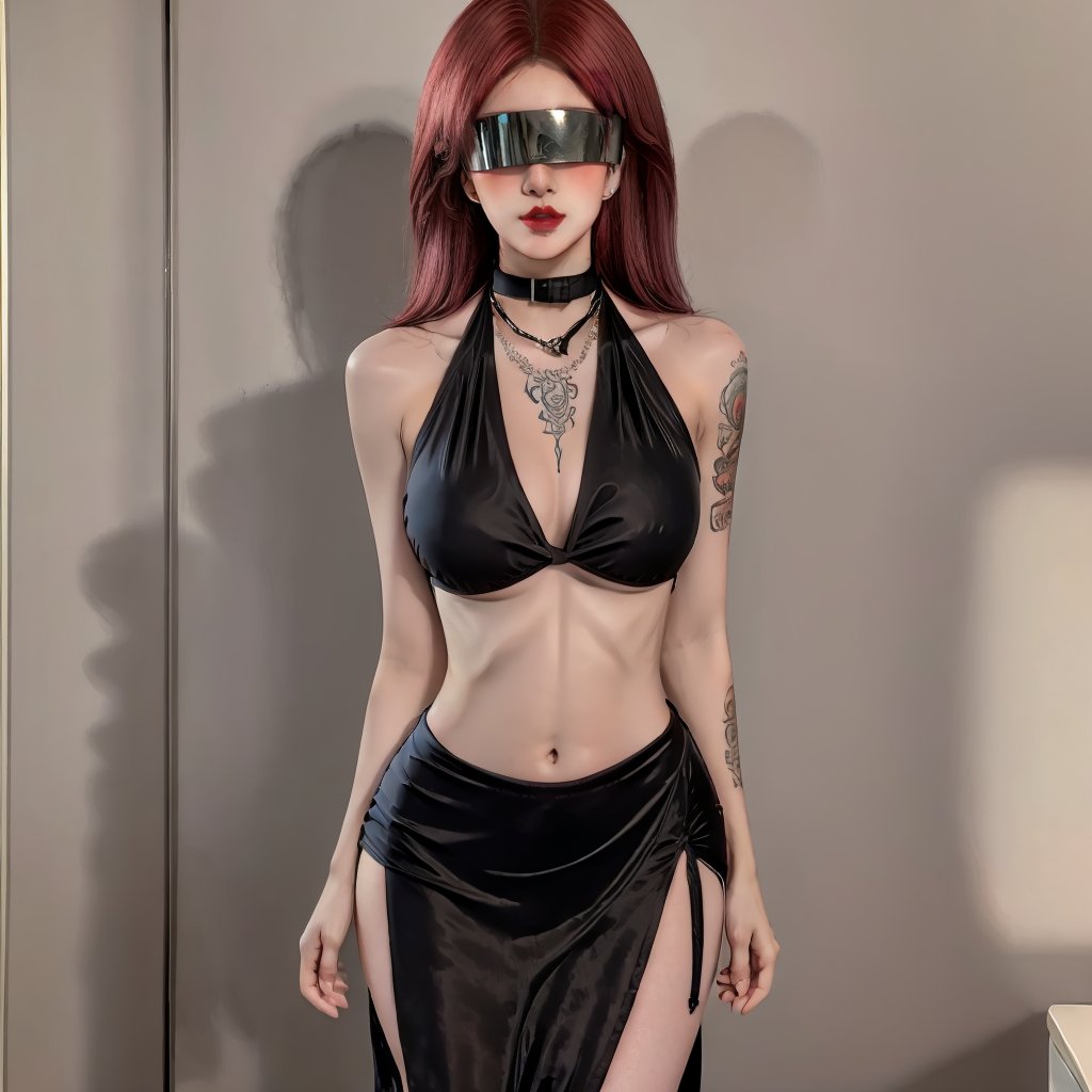 1girl,fair_skin,glamor,slender face,multicolored hair,makeup,fundoshi,eyeshadow,lipstick,light_blush,tattoo,ear_ornament,blindfold,(large breasts),bare shoulders,(midriff),(navel),((halter dress)),<lora:giao-000010:0.8>,<lora:FF_Girl丨多风格lora_v1.0:0.6>,