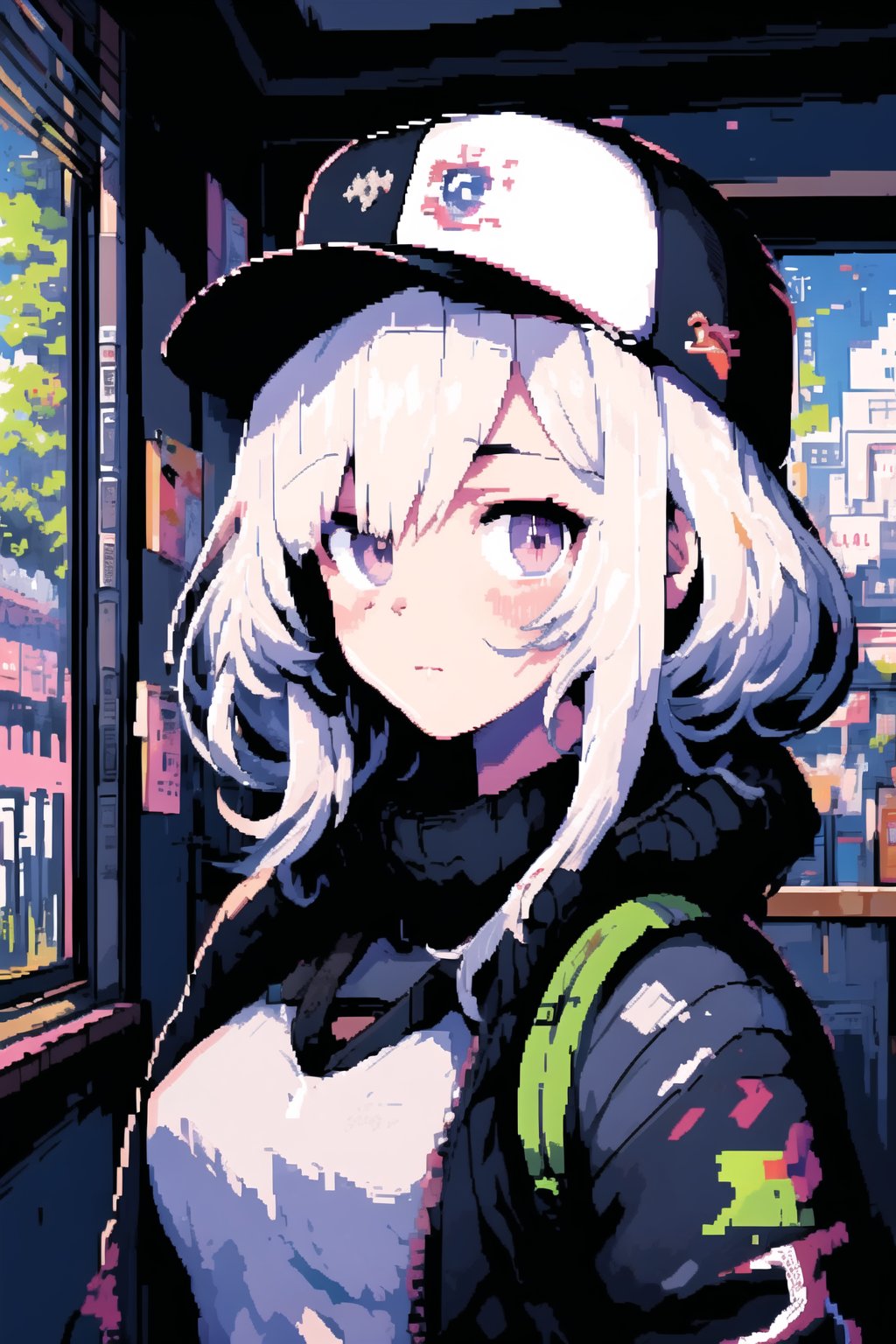 (masterpiece, best quality),masterpiece,best quality,4k,UHD,mishoujo,painting,beautiful eyes and detailed face,illustration,beautiful detailed,high resolution illustration,glowing_white_particles,1girl,white hair,light purple eye,hair over one eye,short sidetail,baseball cap,expressionless,window shade,black jacket,chest rig,cyberpunk,techwear,(Impressionism:1.4),Vincent van Gogh ,<lora:Pixel Art1.1:0.8>,