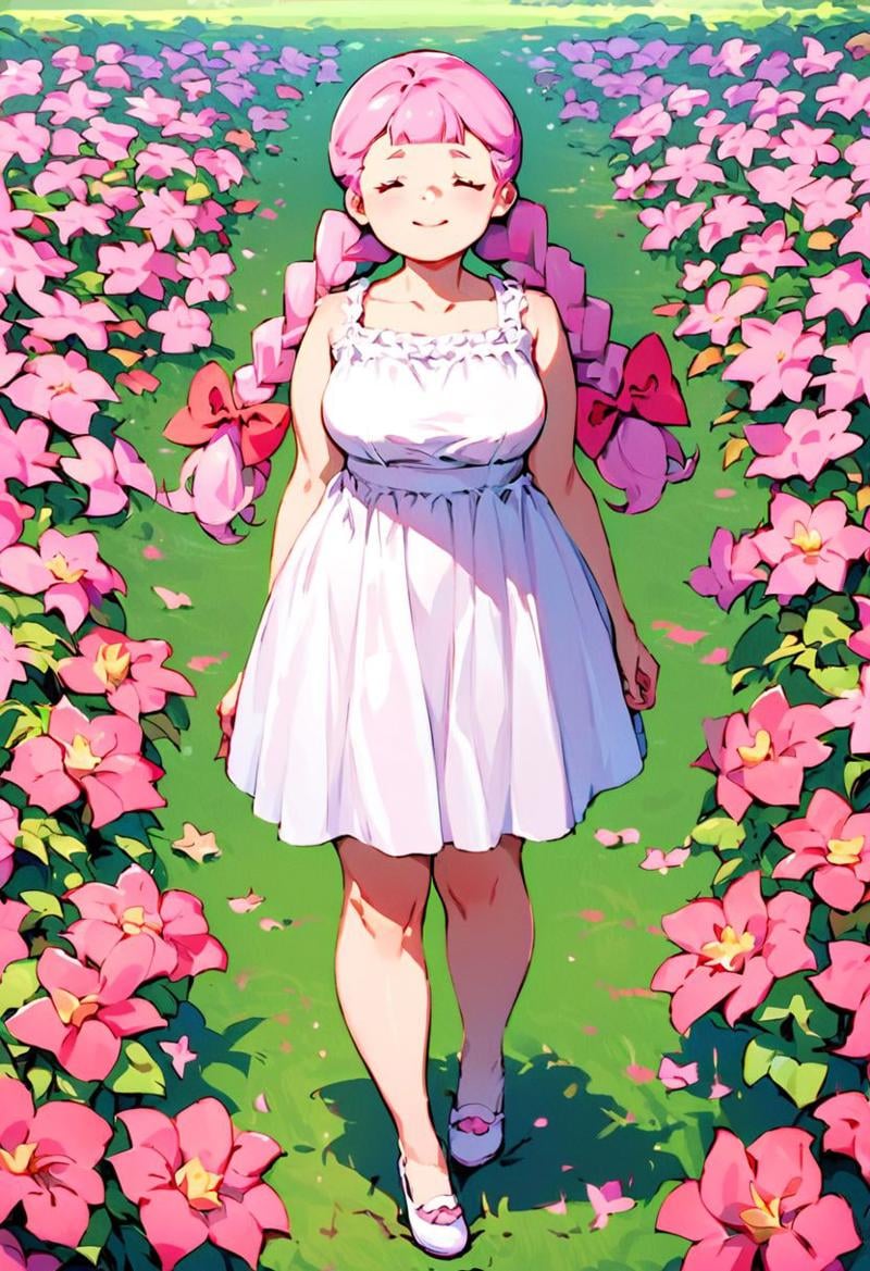 score_9, score_8_up, score_7_up, source_anime,anime keyvisual, 1girl, jasminka, white dress, full body, pink hair, closed eyes, twinbraid, curvy body, in the park, flower field around