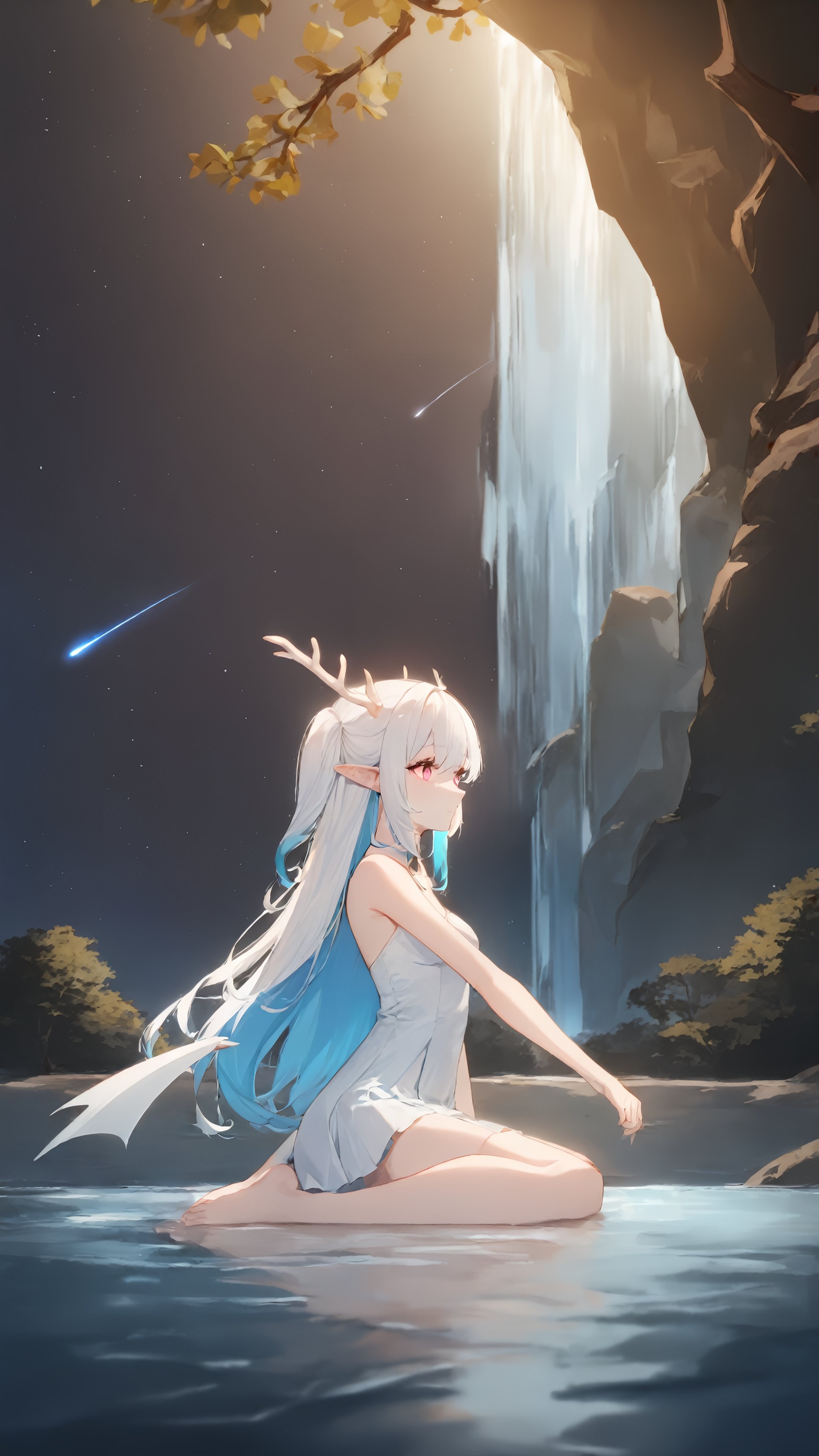 1girl,masterpiece, best quality, recent, newest, absurdres, sensitive,horns, solo, long hair, wings, night, sitting, sky, starry sky, tail, side up, antlers, pink eyes, barefoot, outdoors, wariza, night sky, water, dragon tail, white hair, dragon horns, dragon girl, very long hair, bare shoulders, closed mouth, pointy ears, bangs, shooting star, bare legs, bare arms, river, lake, sakura trees, waterfall, white dress, multicolored hair, blue hair