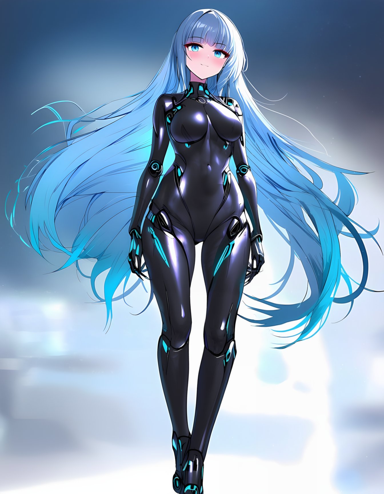 1girl, long hair, looking at viewer, blush, smile, blue eyes, standing, blue hair, white hair, cowboy shot, parted lips, blunt bangs, covered navel, bodysuit, facial mark, skin tight, science fiction, black bodysuit, joints, cyborg, cyberpunk,