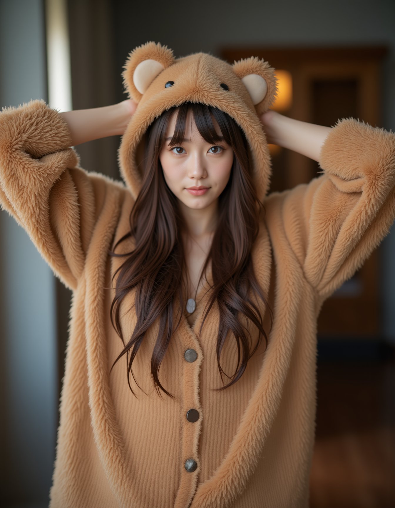 best quality, masterpiece, realism, realistic, long sweater fur-suit with bear costume, hands behind the head, cheats cutout, analogue photo of adult girl in costume, looking at viewer, long hair, extremely beautiful detailed face, medium breasts, (cute face, temptations look), eye level, professional photo, high contrast exposure, soft bokeh, high key light, hard shadow, soft bokeh, playful theme, <lora:hinaFluxAsianMixLora_v2-rev4:0.9>