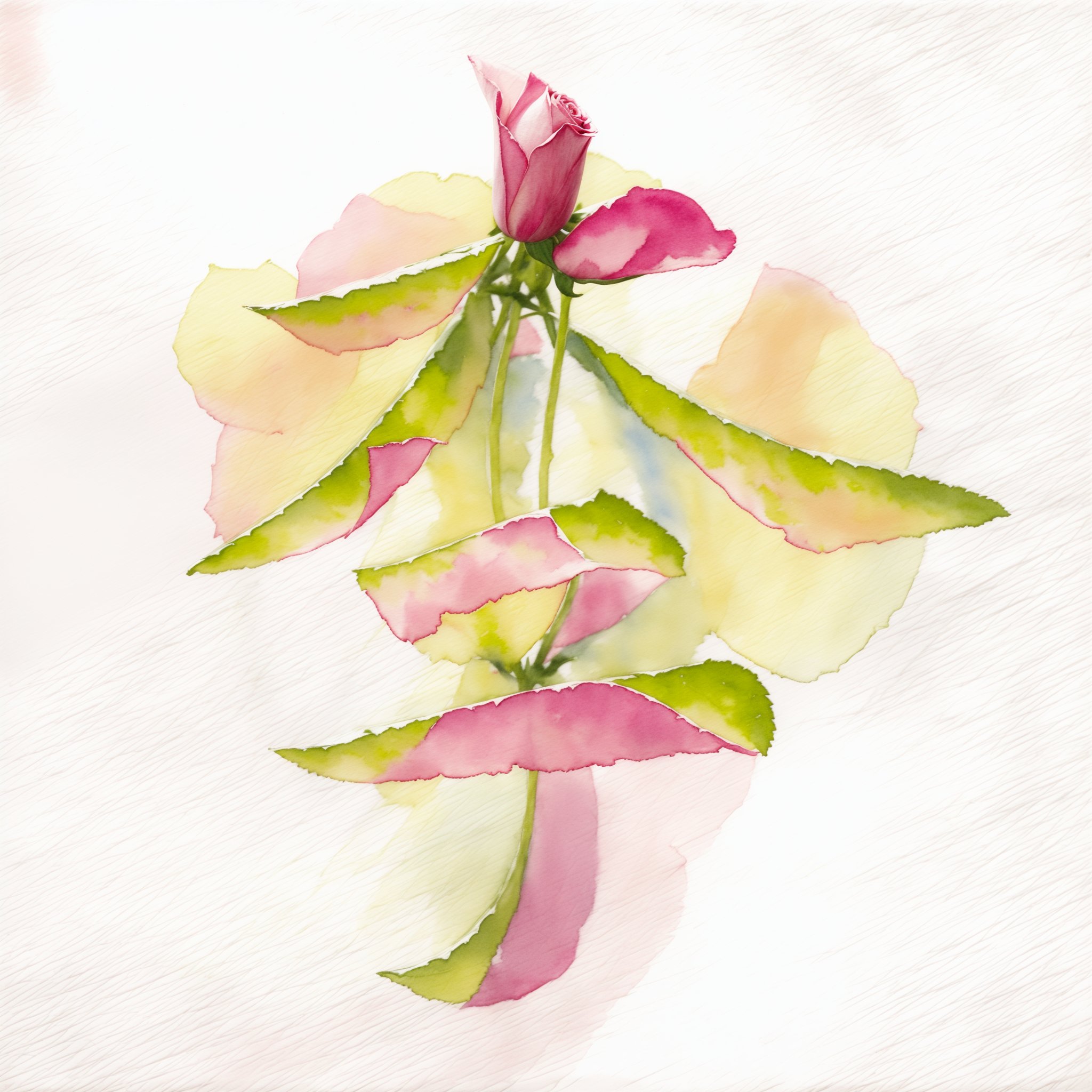 flower,no humans,pink flower,rose,pink rose,yellow flower,plant,outdoors,leaf,traditional media,still life,scenery,watercolor painting ,<lora:shuicaihua-000002:0.7>,