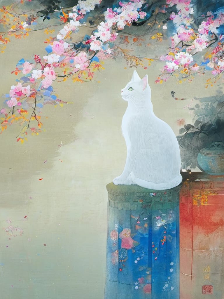 yancai,1girl,hanfu,cat,flower,line drawing,vibrant colours,<lora:yancai_0412:0.8>, masterpiece, best quality,