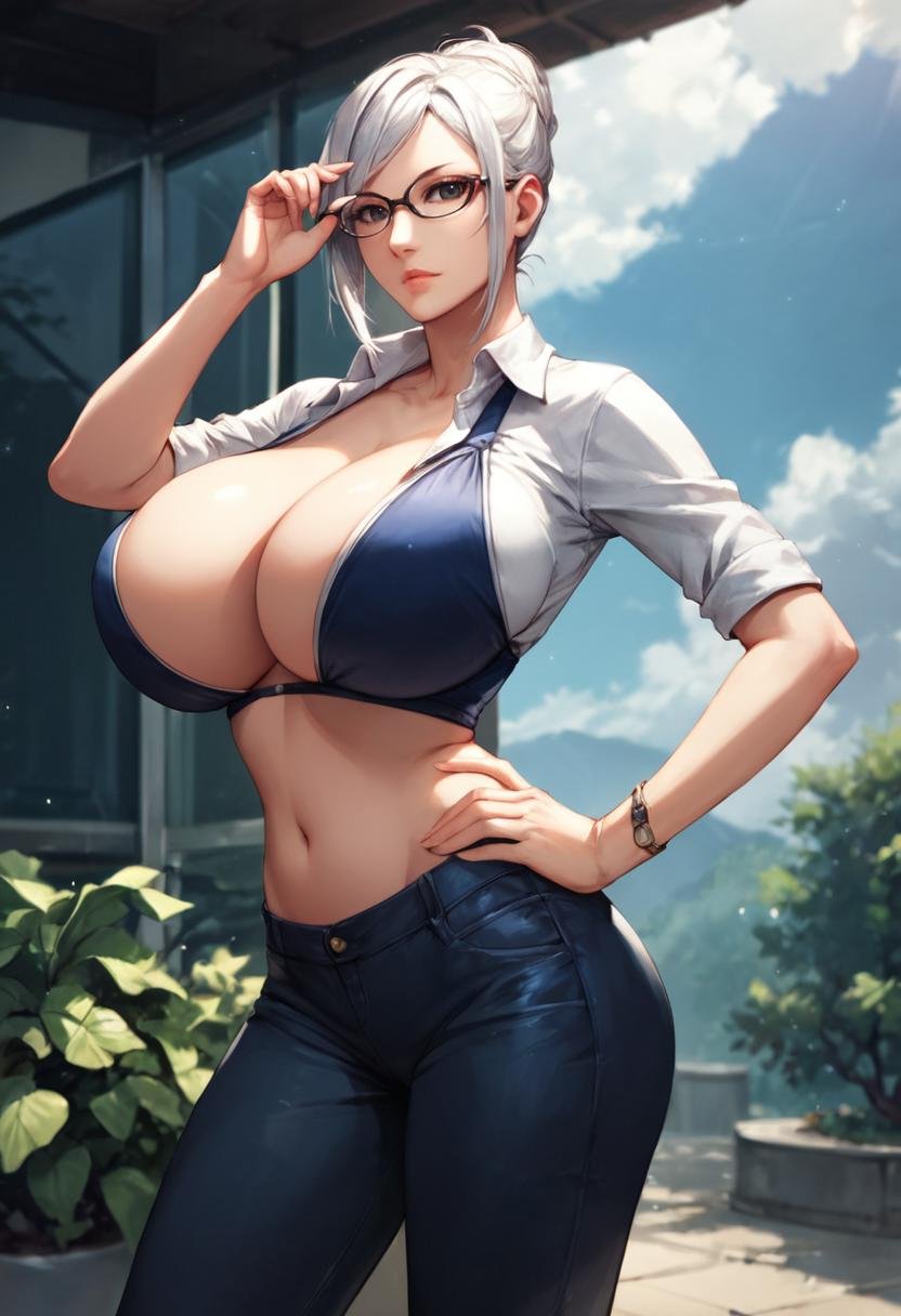 masterpiece,best quality, highly detailed, score_9, score_8_up, score_7_up, score_6_up,source_Anime,<lora:xl_more_art-full_v1:0.8>,BREAK <lora:meiko:0.8>meiko, 1girl, breasts, solo, glasses, huge breasts, navel, adjusting eyewear, looking at viewer, hand on hip, standing