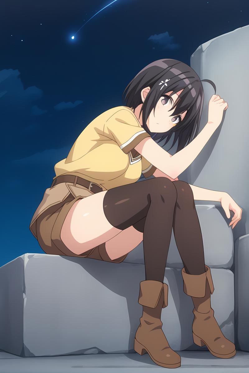 (yellow shirt born skirt brown shorts black thighhighs brown boots belt),  bof-maple,  black hair by Ttan on Tensor.Art