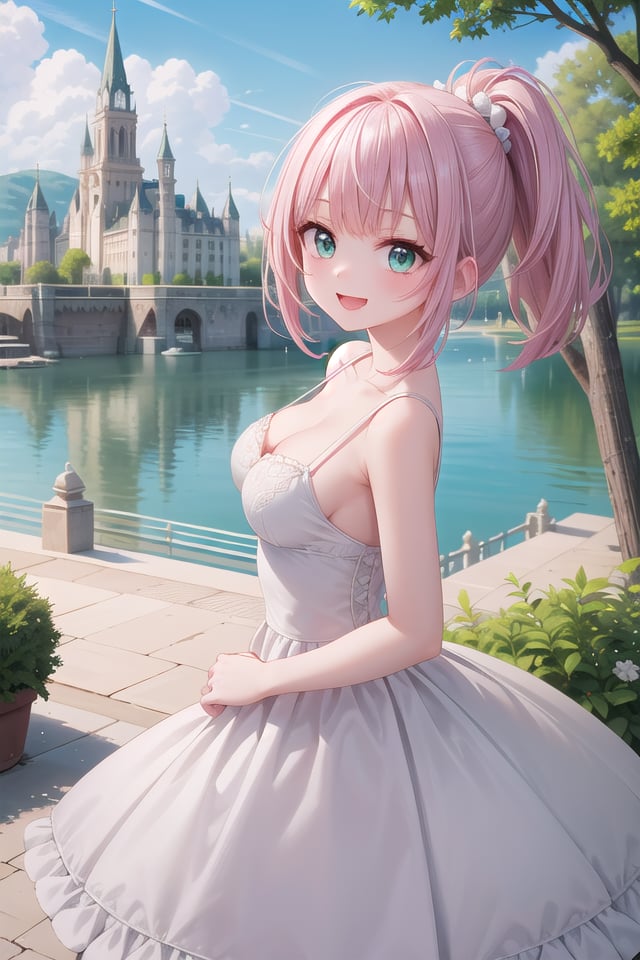 insanely detailed, absurdres, ultra-highres, ultra-detailed, best quality,1girl, solo, nice hands, perfect hands,BREAK(wearing princess dress), teara,happy smile, laugh, open mouth,standing,from side, cowboy shot, looking at viewer, (holding bar:-1.5), (hip:-1.5)BREAKslender, kawaii, perfect symmetrical face, ultra cute girl, ultra cute face, ultra detailed eyes, ultra detailed hair, ultra cute, ultra beautiful,BREAKfantasy world, (castle in background, lake:1.3), (very wide, panorama view, sense of depth, magnificent view:1.3)BREAKprincess girl, pink hair, green eyes, medium breasts