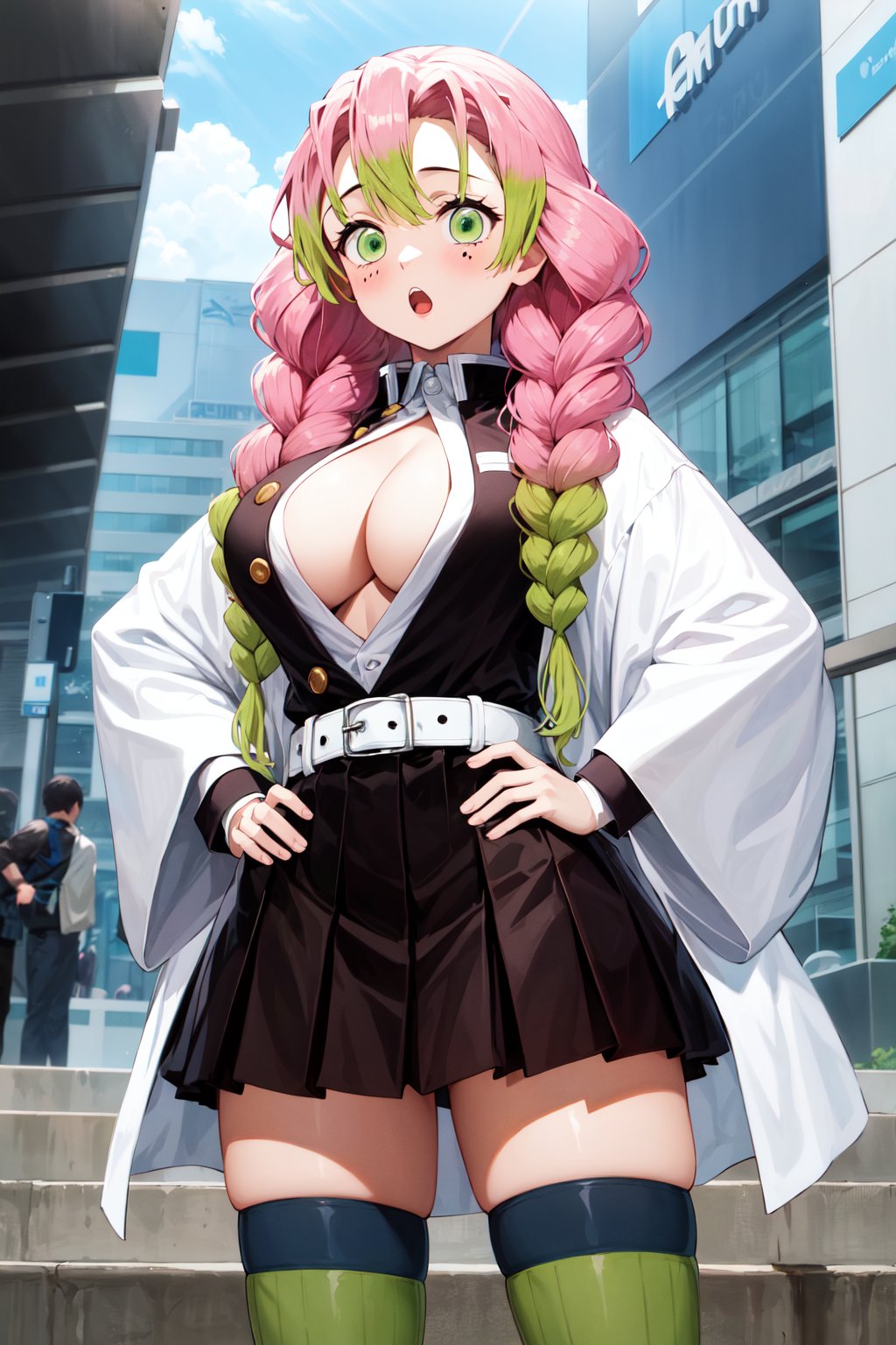 masterpiece, best quality, highres, aamitsuri, long hair, braid, multicolored hair, green eyes, mole under eye, large breasts, japanese clothes, cleavage, white jacket, haori, black shirt, open clothes, belt, pleated skirt, (black skirt:1.2), green thighhighs, ribbed legwear, <lora:kanroji_mitsuri_v1:0.7>, :o, hands on hips, cowboy shot, 