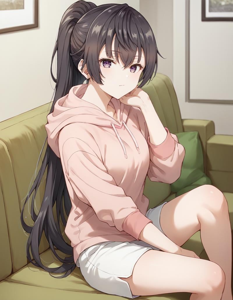 score_9, score_8_up, score_7_up, source_anime,1girl, solo, looking at viewer, indoors, sofa, blurry background, sitting on sofa, yuki suou, black hair, long hair, ponytail, hair between eyes, purple eyes,casual outfit, pink hoodie, hood down, white shorts<lora:yuki_suou_anime_v4-soralz:1>