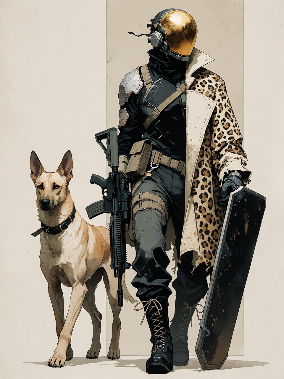 Bradhamel art style. A tall,  armored human figure in tactical gear with a golden helmet and black visor,  draped in a leo...