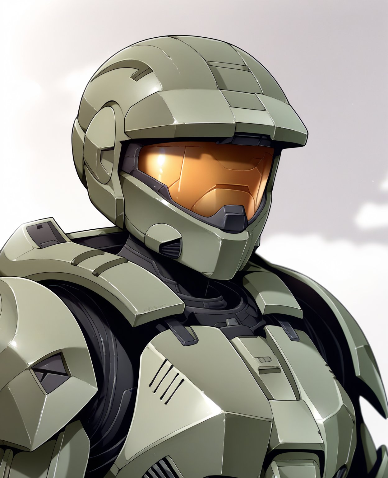 score_9, score_8_up, score_7_up, score_6_up, score_5_up, score_4_up, source_anime, jwt, 7x90um, spartan \(halo\), male, 1boy, master chief, solo, helmet, faceless, armor, gloves, power armor, science fiction, crotch plate, breastplate, large breasts, simple background, (((upper body, portrait, close-up, headshot portrait))), green armor, visor <lora:spartan_pdxl:1>