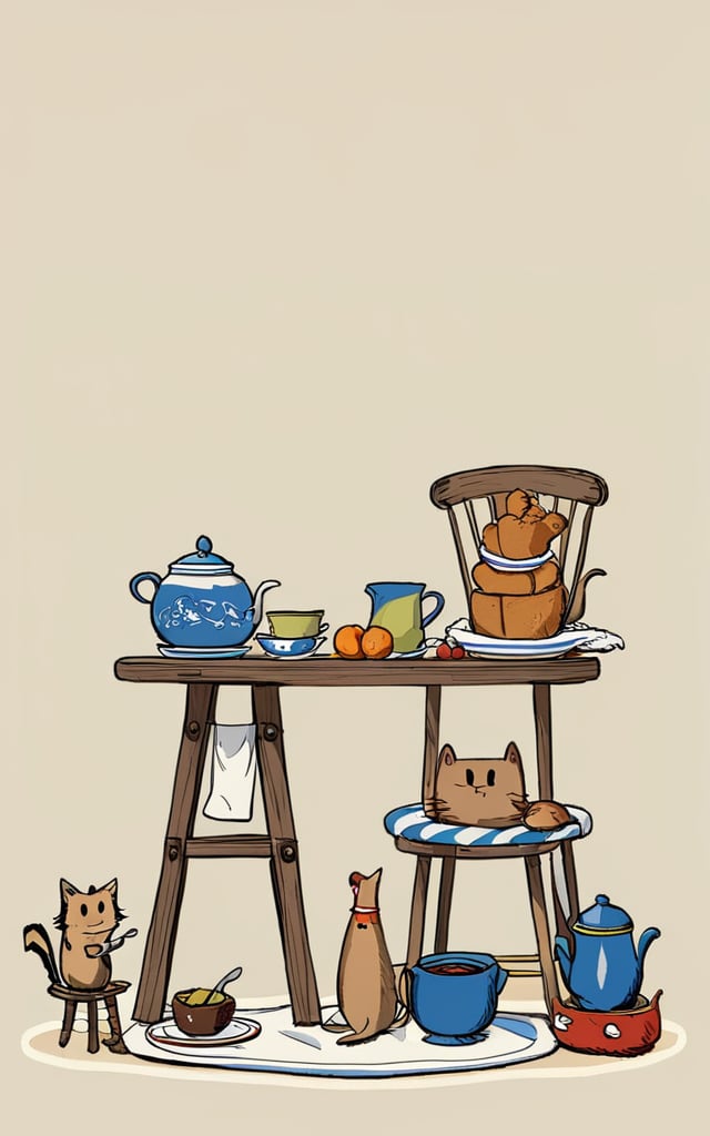 comic_style, children's_painting_style, no humans, fruit, food, chair, cat, cup, bird, pot, simple background, stool, bowl, knife, plate, dog, sitting, teacup, chicken, bottle, striped, bucket, beige background, table, teapot, towel, bread, animal, mouse, spoon, door, tan background, ladder, fish, saucer, rope, fork,<lora:好吃米-儿童绘本:0.8>,