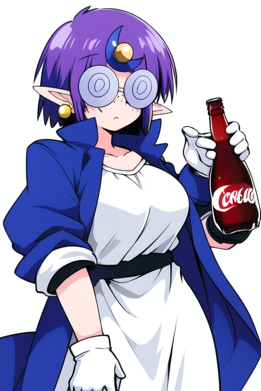 <lora:Arara_Cocoa:1>,  AraraCocoa, 1girl, coke-bottle glasses, freckles, solo, pointy ears, purple hair, crescent hair ornament, crescent, glasses, earrings, jewelry, hair ornament, white background, short hair, simple background, round eyewear, jacket, gloves, dress, white dress, bangs, breasts,masterpiece, high quality, very_high_resolution, large_filesize, full color,