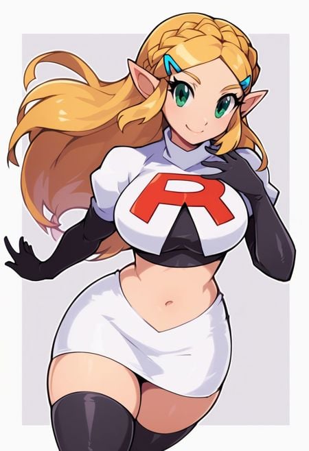 score_9, score_8_up, score_8, medium breasts, (curvy), cute, eyelashes, princess zelda, solo, long hair, green eyes, crown braid, hairclip, pointy ears, smile, curvy,Cosplay_TeamRocket, team rocket uniform, white jacket, cropped jacket, white skirt, elbow gloves, black thighhighs, zettai ryouiki,