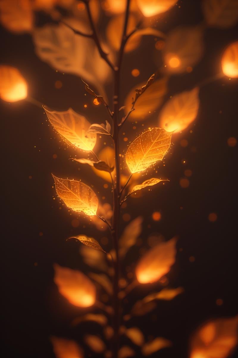 (best quality),((masterpiece)),glow particle,tree,no humans,orange theme,light particles,bokeh,blurry,depth of field,still life,translucent fluorescent,optical flares,dark background,